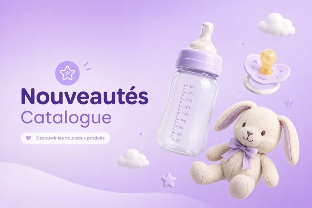 Nouveautés du catalogue Lions Global — biberon, tétine et peluche sur fond violet