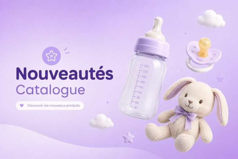 Nouveautés du catalogue Lions Global — biberon, tétine et peluche sur fond violet