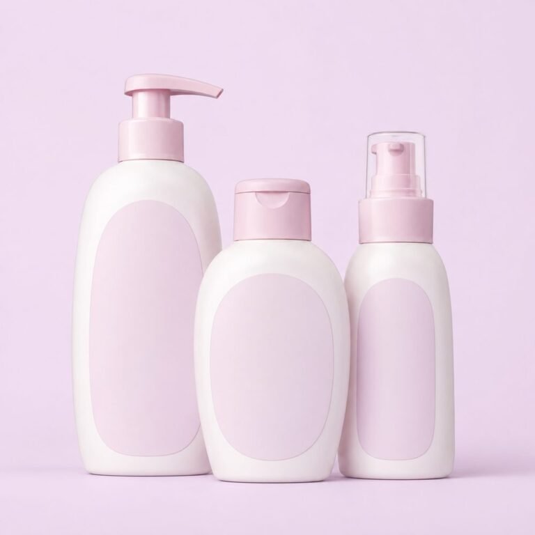 Flacons de soins et hygiène bébé aux tons roses — catégorie hygiène et bain