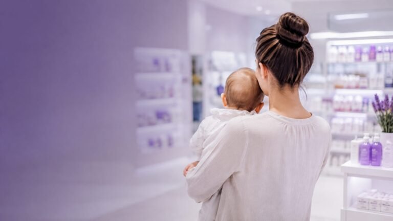 Intérieur d'une pharmacie moderne aux tons violets — distribution pharmaceutique Lions Global