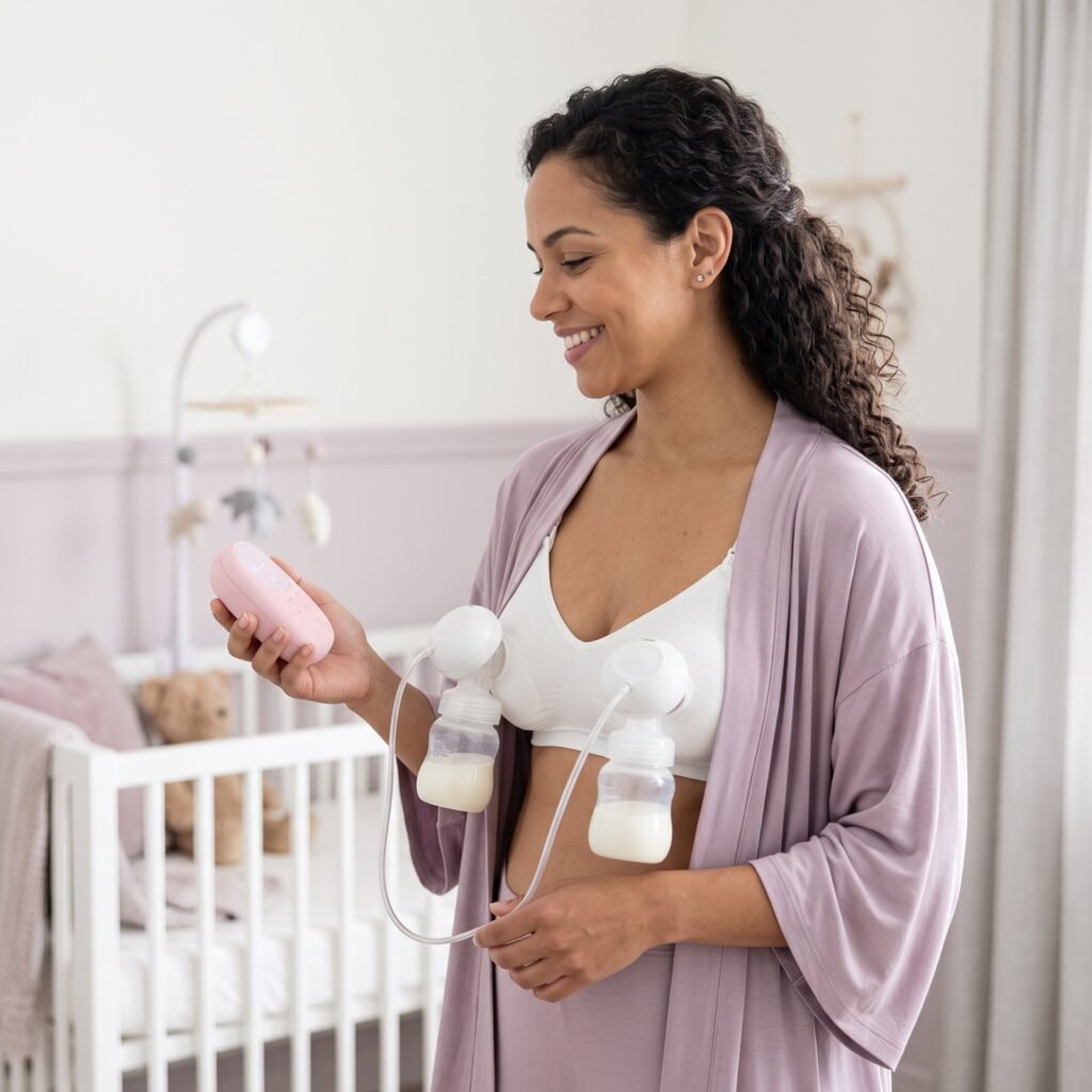 Maman utilisant un tire-lait portable POUPY — ambiance 3