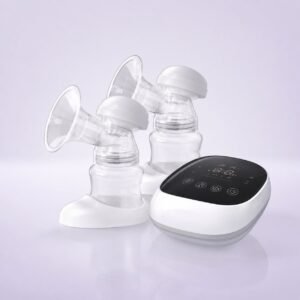 POUPY Tire-lait électrique double, blanc tactile — packshot studio fond lavande